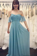 Vestido de Dama de Honra Azul em Chiffon com Pregas e Ombros Descobertos BD118