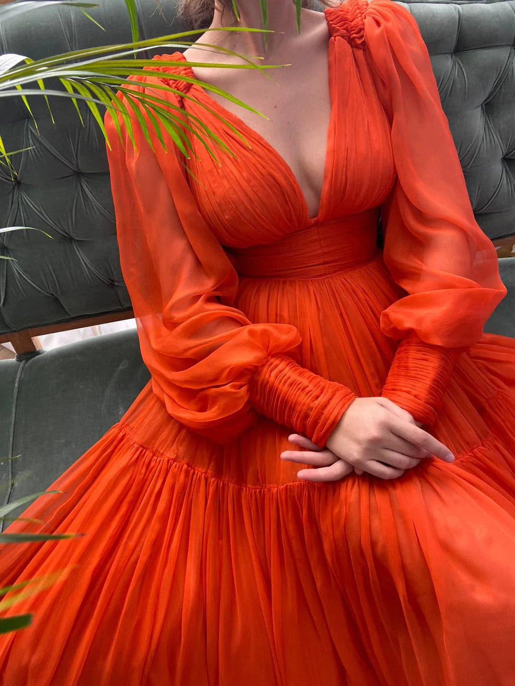 Long Prom Dress Puffy Sleeve Formal Gowns SYP25