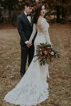 Robe de mariée rustique vintage à manches longues et dos nu
