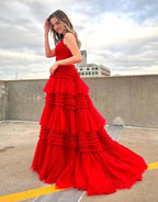 Vestido Formal de Tule com Camadas para Baile de Finalistas e Cauda Arrastada SYP156