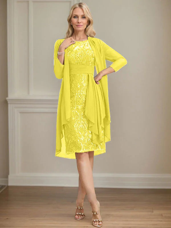 Etui/Säulenförmiges Kleid mit Illusion, knielang, aus Spitze und Chiffon, Brautmutterkleid mit herabfließenden Rüschen und Pailletten