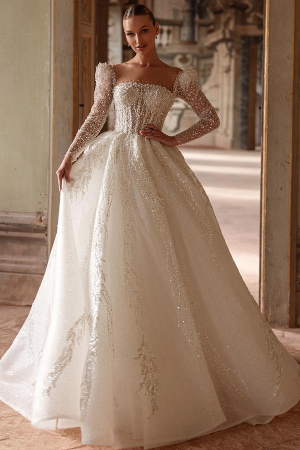 Abito da sposa lussuoso lungo avorio a linea ad A con scollo quadrato, pizzo e perline, con maniche