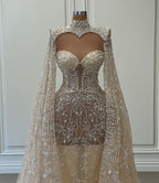 Vestido de Baile Luxuoso Comprido Cauda de Sereia com Gola Alta, Renda Brilhante e Mangas