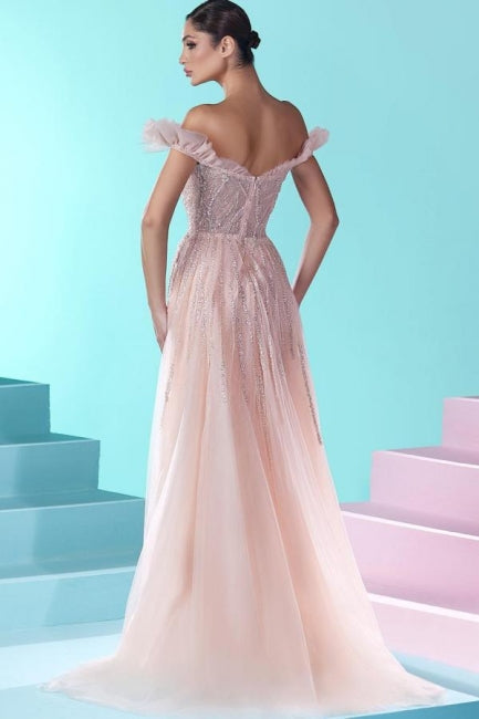 Robes de bal longues sirène en dentelle rose luxueuses à épaules dénudées avec paillettes