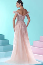Robes de bal longues sirène en dentelle rose luxueuses à épaules dénudées avec paillettes