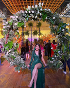 Vestido de noite verde brilhante de uma manga Vestido de gala verde Y5638