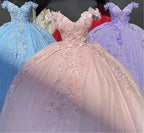 Vestido de baile azul com ombros descobertos, vestido cintilante de baile com flores S26908