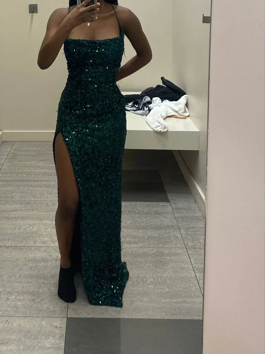 Vestidos de Festa Longos em Bainha/Coluna com Lantejoulas Verdes Y4297