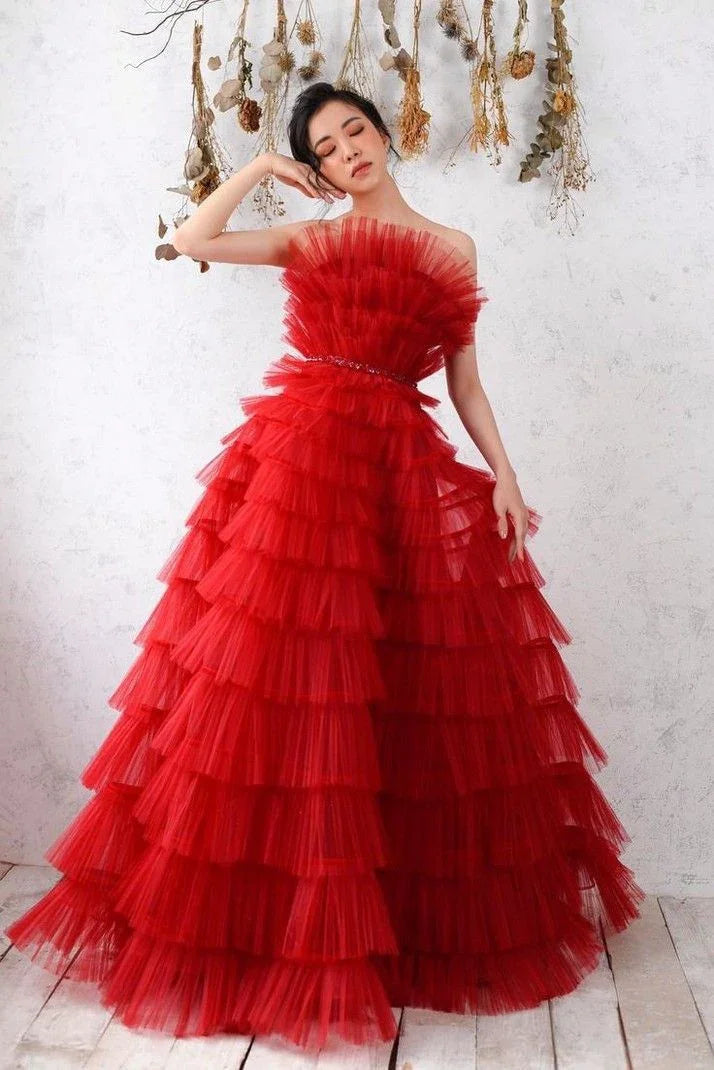 Vestido de Baile Longo em Tule Vermelho com Saia em Linha A, Vestido de Noite Vermelho Y3067