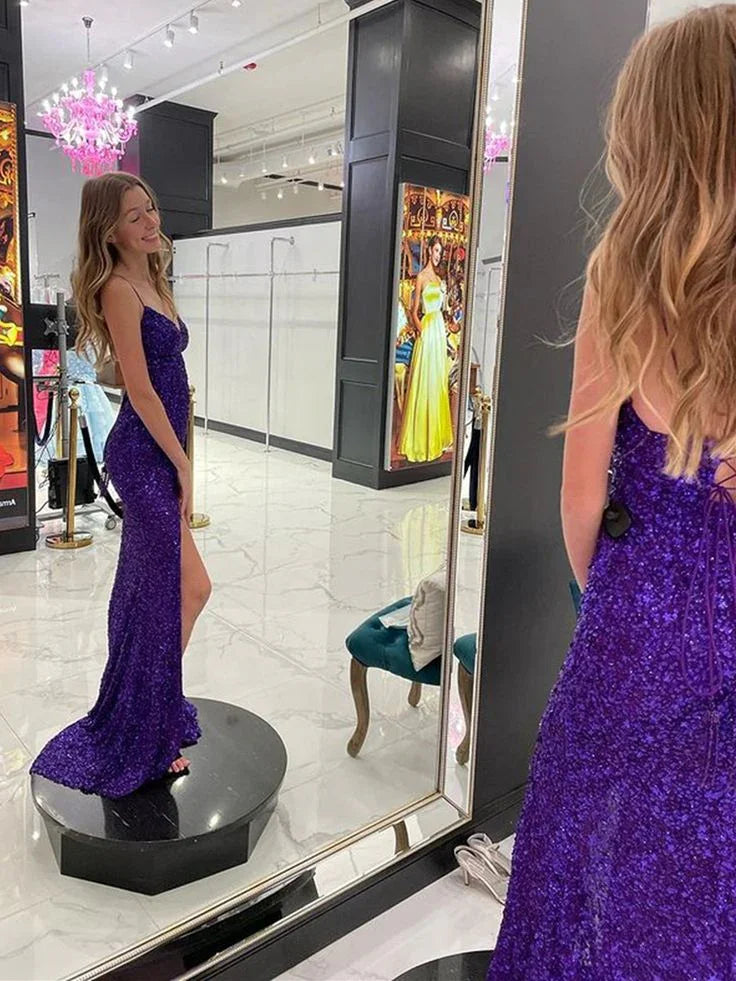 Vestidos longos de baile de finalistas com decote em V, costas abertas, fenda e lantejoulas, vestidos formais de cerimónia Y7398