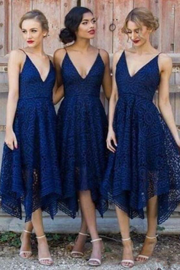Navy V-neck Short Lace A-line Bridesmaid Dresses Online