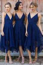 Navy V-neck Short Lace A-line Bridesmaid Dresses Online