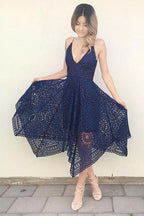 Navy V-neck Short Lace A-line Bridesmaid Dresses Online