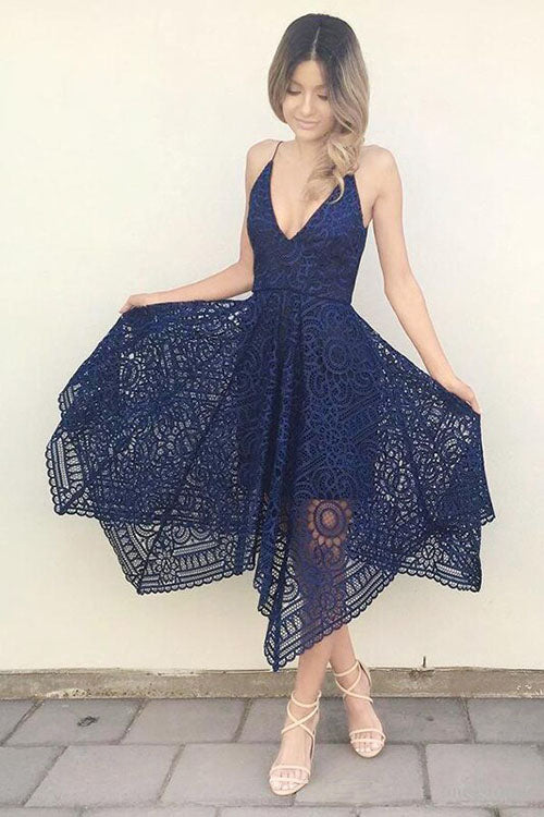 Navy V-neck Short Lace A-line Bridesmaid Dresses Online