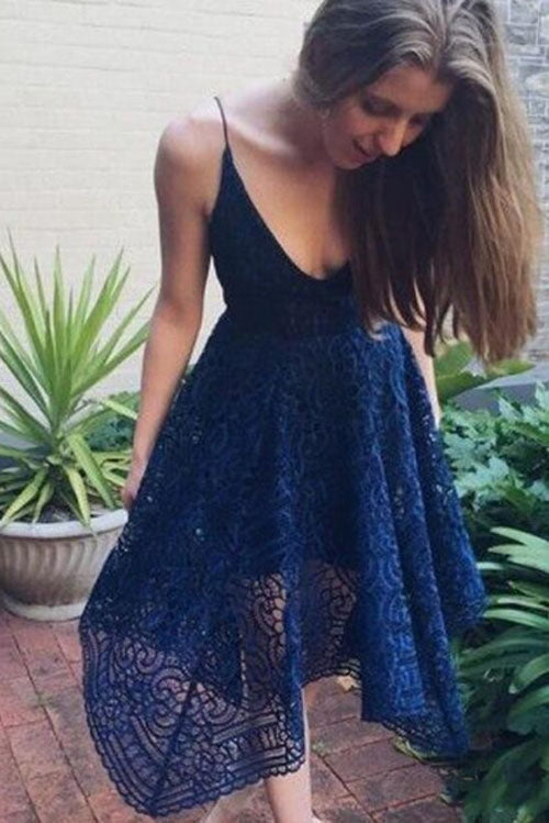 Navy V-neck Short Lace A-line Bridesmaid Dresses Online