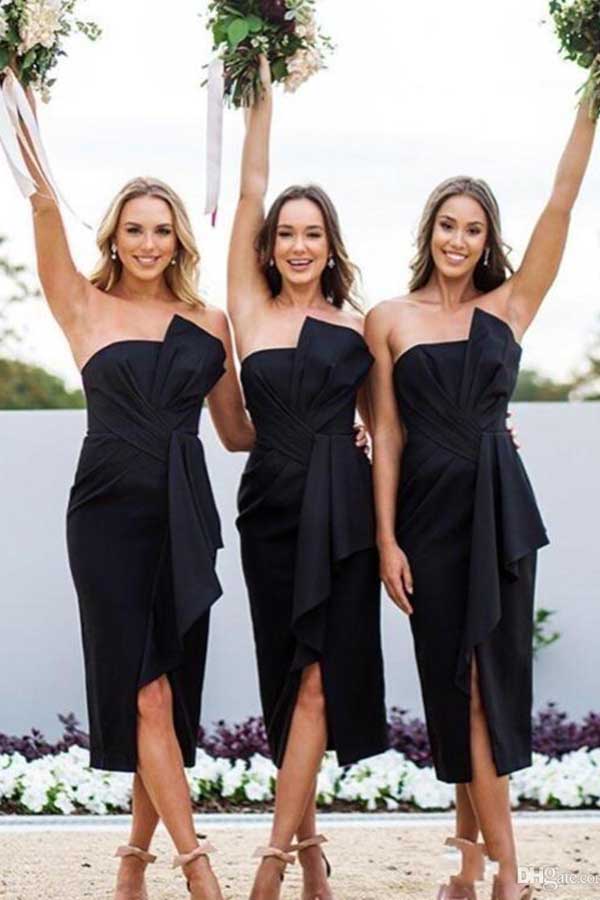 Vestidos de dama de honor negros con escote halter, corte tubo, lazo y abertura, sin tirantes, a media pierna, conjuntos de moda 