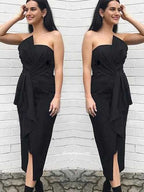 Vestidos de dama de honor negros con escote halter, corte tubo, lazo y abertura, sin tirantes, a media pierna, conjuntos de moda 