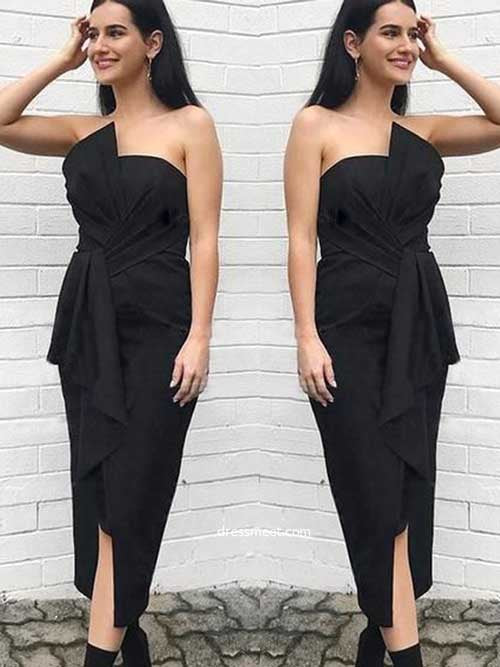 Vestidos de dama de honor negros con escote halter, corte tubo, lazo y abertura, sin tirantes, a media pierna, conjuntos de moda 
