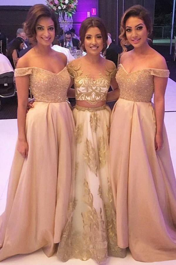 Elegante vestido de dama de honor largo de encaje con hombros descubiertos y cuentas 