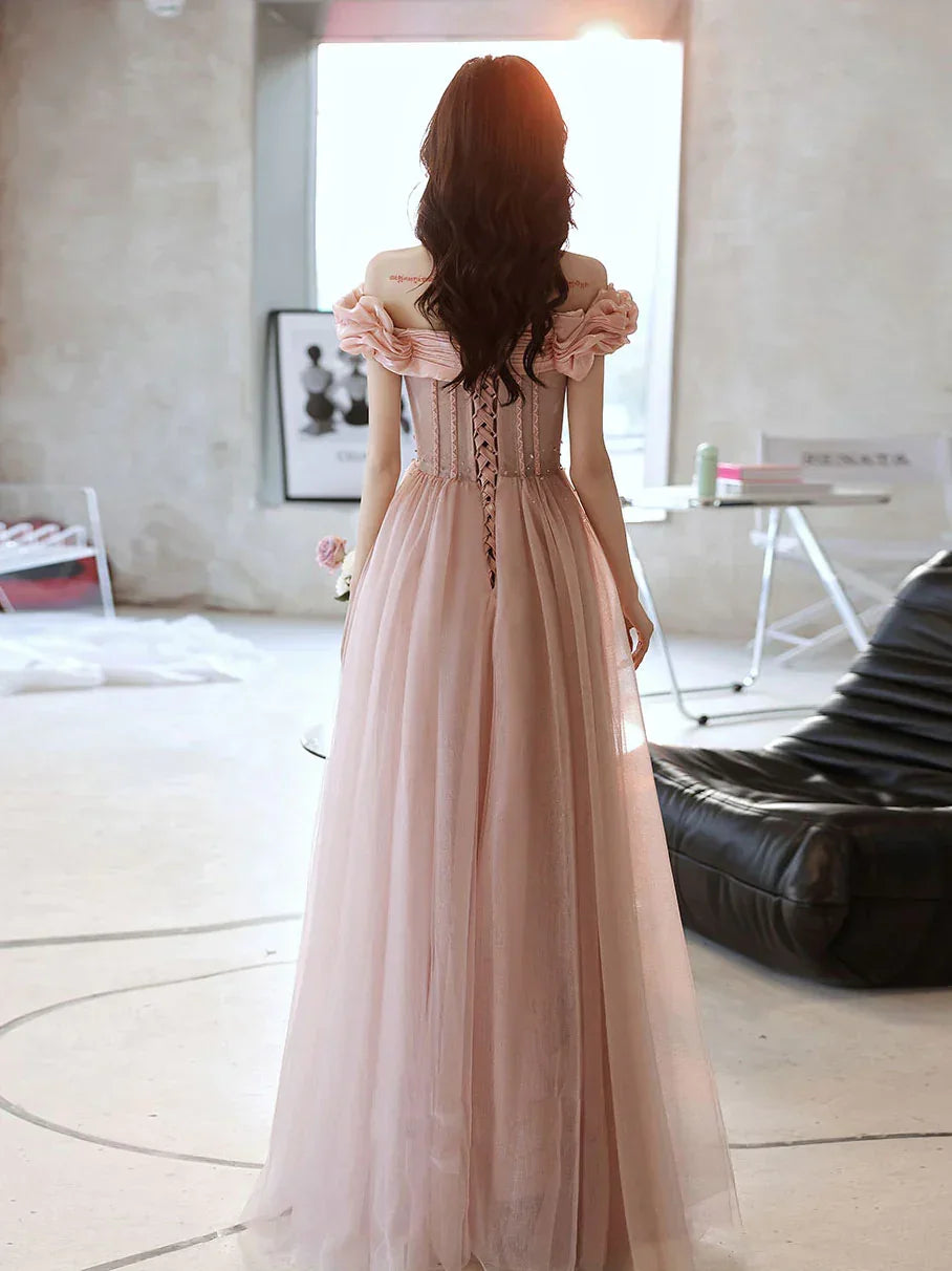 Robe longue de bal rose en tulle avec perles et décolleté en cœur, robe de soirée rose, Y2406