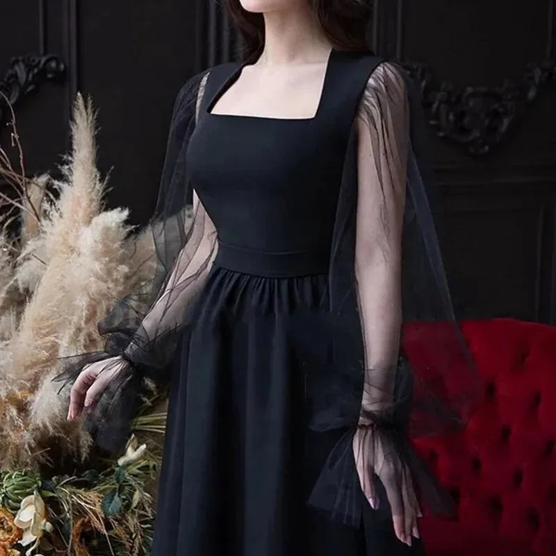 Vestido de noite elegante em linha A, mangas compridas, preto, simples, com decote quadrado, vestidos de festa para mulheres Y4557