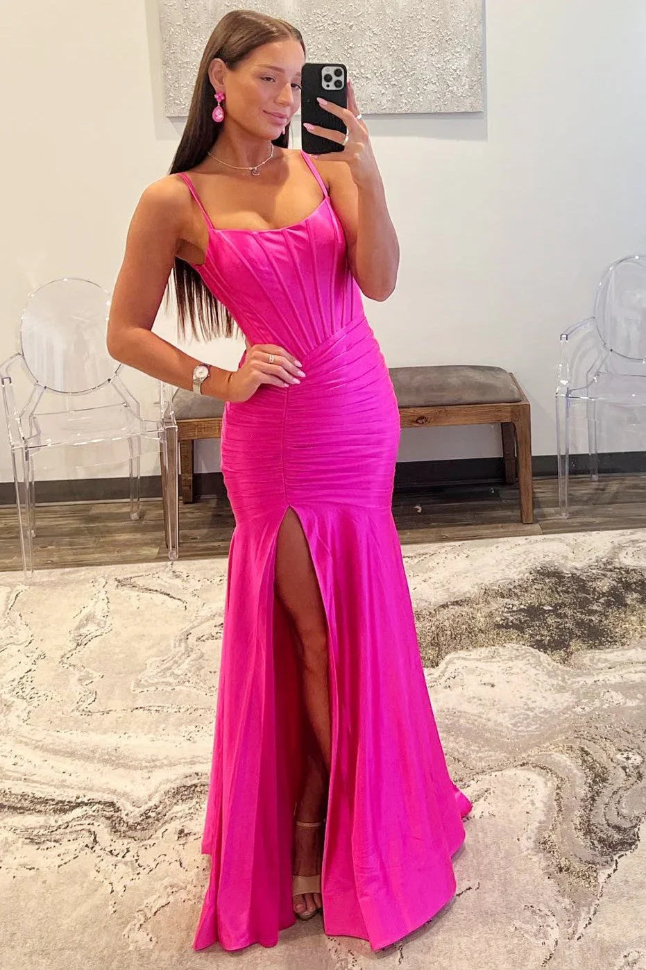 Sunnderly Addilynn | Vestido de cetim para baile com decote redondo de sereia e racha