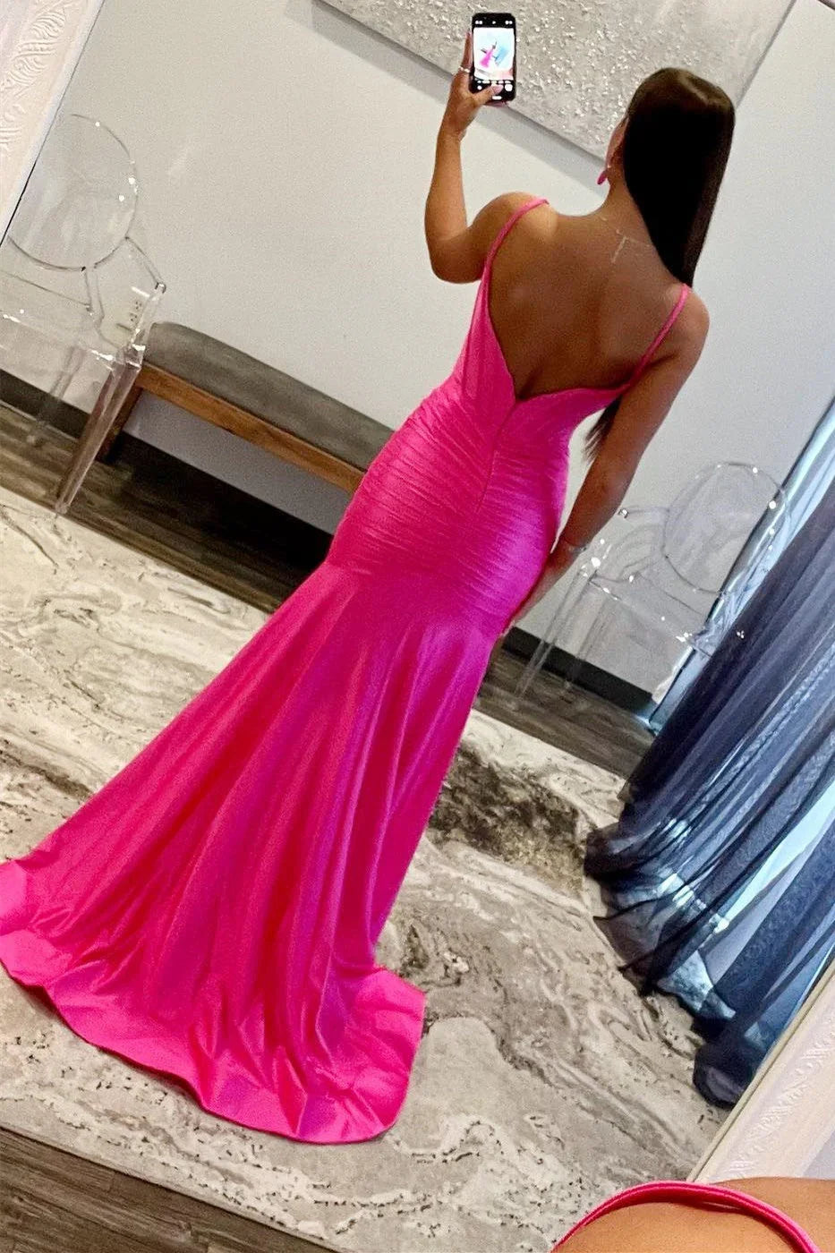 Sunnderly Addilynn | Vestido de cetim para baile com decote redondo de sereia e racha