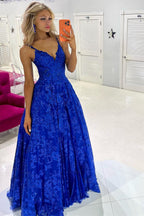 Vestido longo de baile em linha A com decote em V e renda com lantejoulas