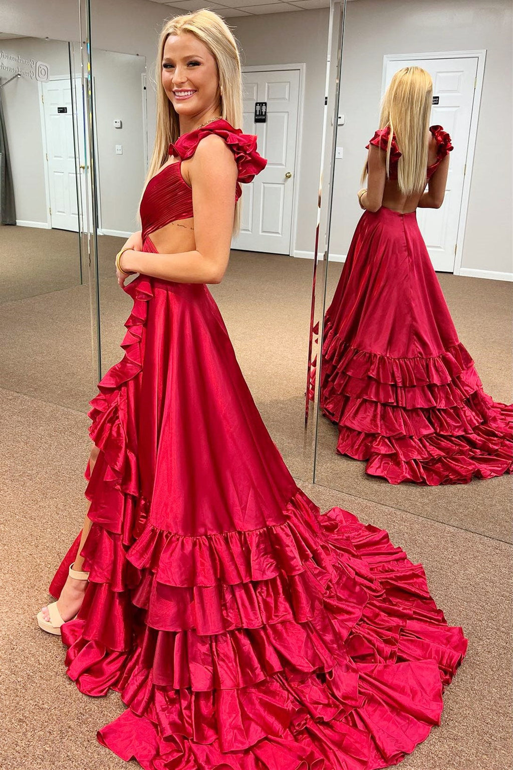 Cutout Ruffle A-Line Long Prom Dress with Slit