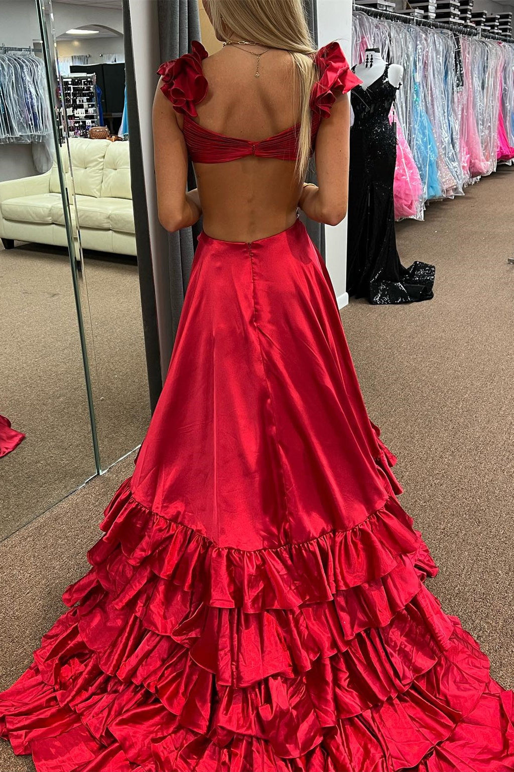 Cutout Ruffle A-Line Long Prom Dress with Slit