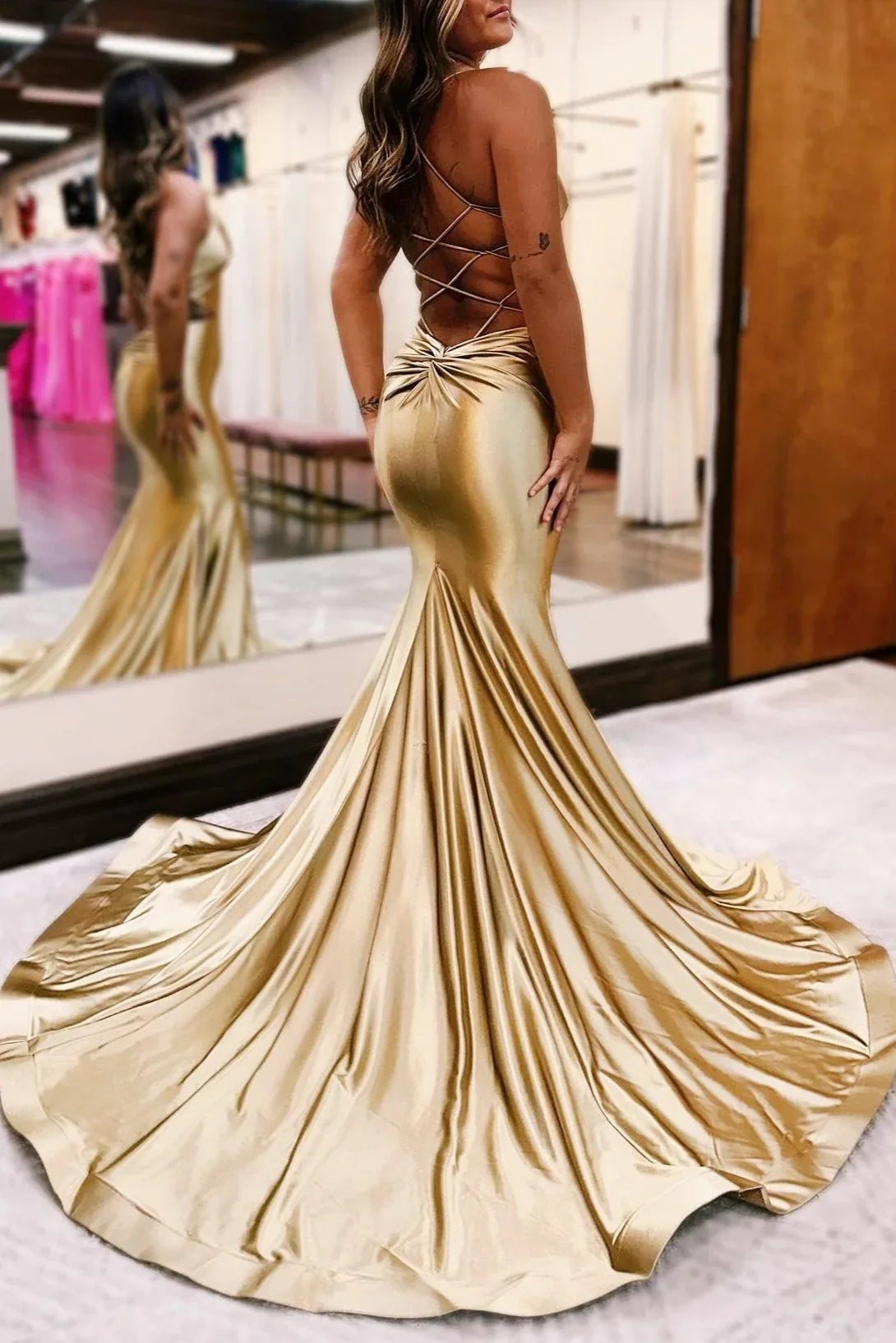 Gold V-Neck Lace-Up Trumpet Long Formal Dress