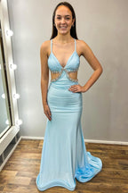 Light V-Neck Cutout Rhinestone Mermaid Long Formal Dress