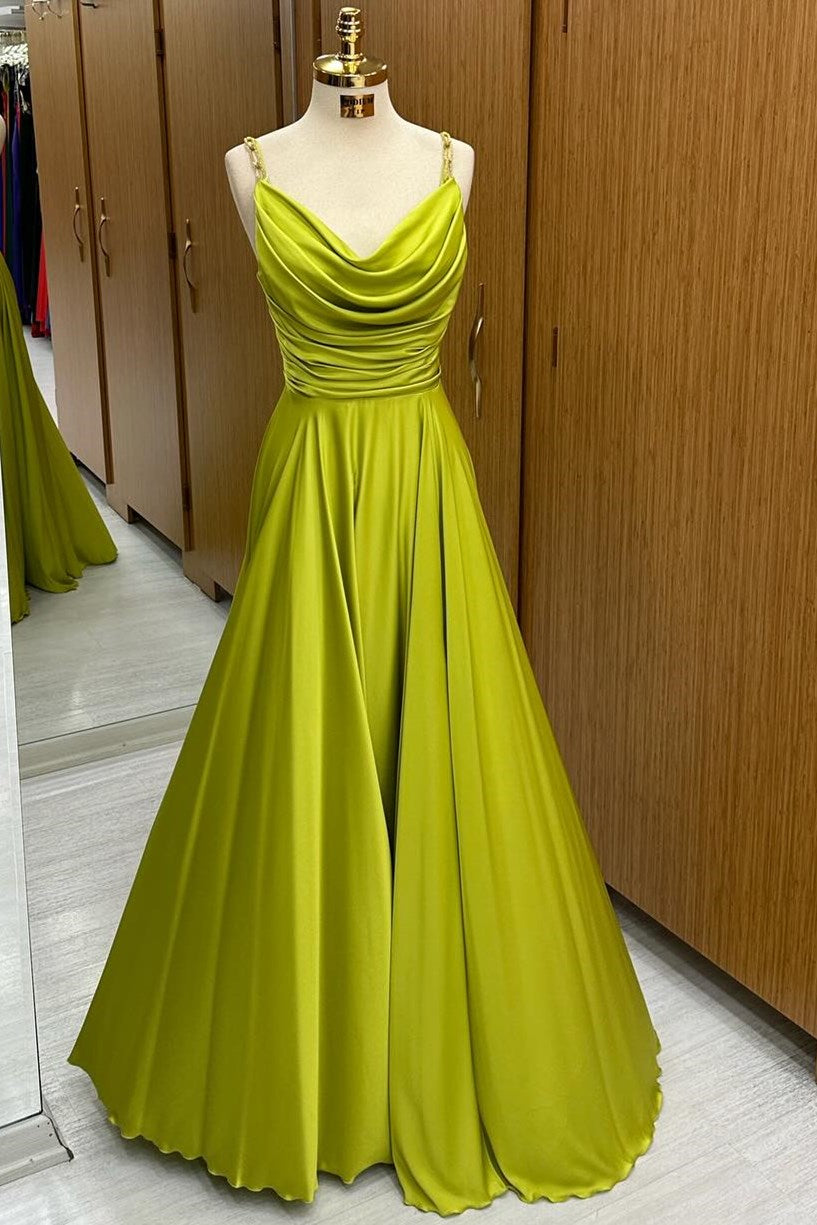 Olivgrünes A-Linien-Ballkleid mit Wasserfallausschnitt und Kettenträgern