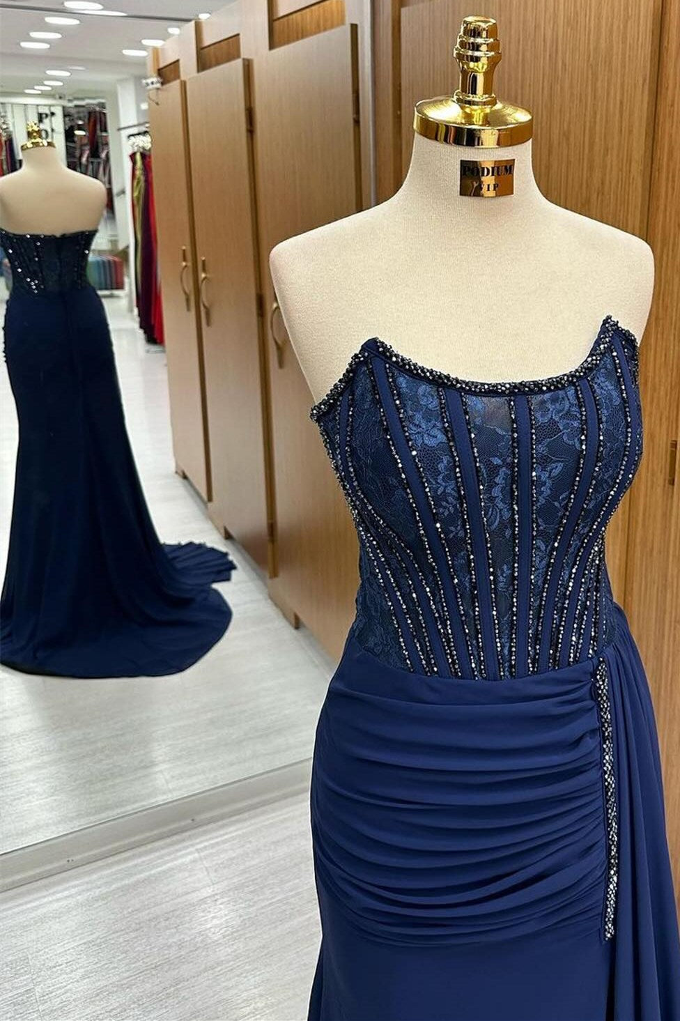 Lace Beaded Strapless Long Formal Dress with Attached Train