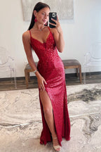 Sequin Plunge V Backless Mermaid Maxi Dress with Slit
