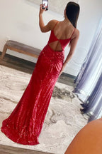 Sequin Plunge V Backless Mermaid Maxi Dress with Slit