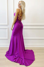 Abito lungo formale da sirena viola con scollo a V e allacciatura in pizzo