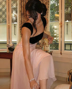 Vestido de fiesta largo de tirantes elegantes, línea A, color rosa Y7900