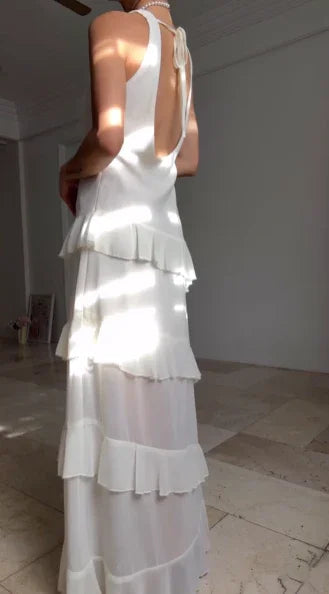 Vestido largo de noche blanco sencillo con escote en V, volantes de gasa y espalda descubierta Y8500