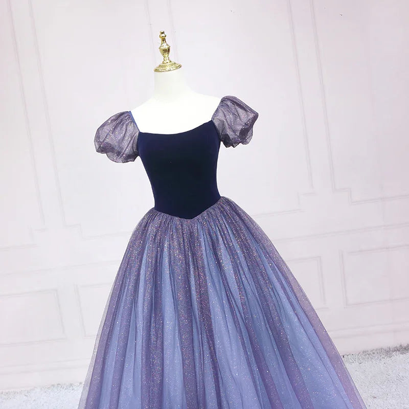 Vestido de Noite Princesa Azul Céu Estrelado Vestido de Noite em Linha A s03