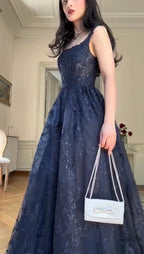 Azul marinho linha a renda apliques vestido de baile elegante vestido de noite y7830