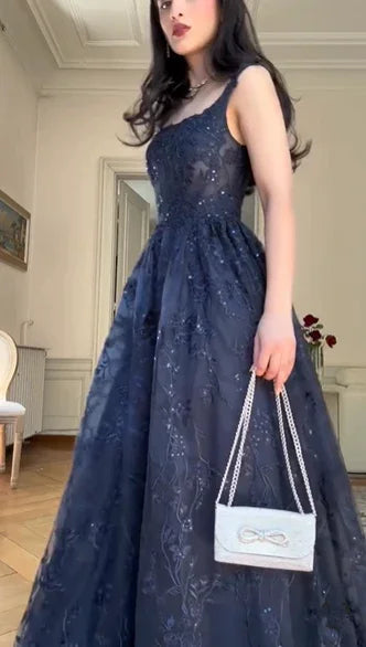 Azul marinho linha a renda apliques vestido de baile elegante vestido de noite y7830