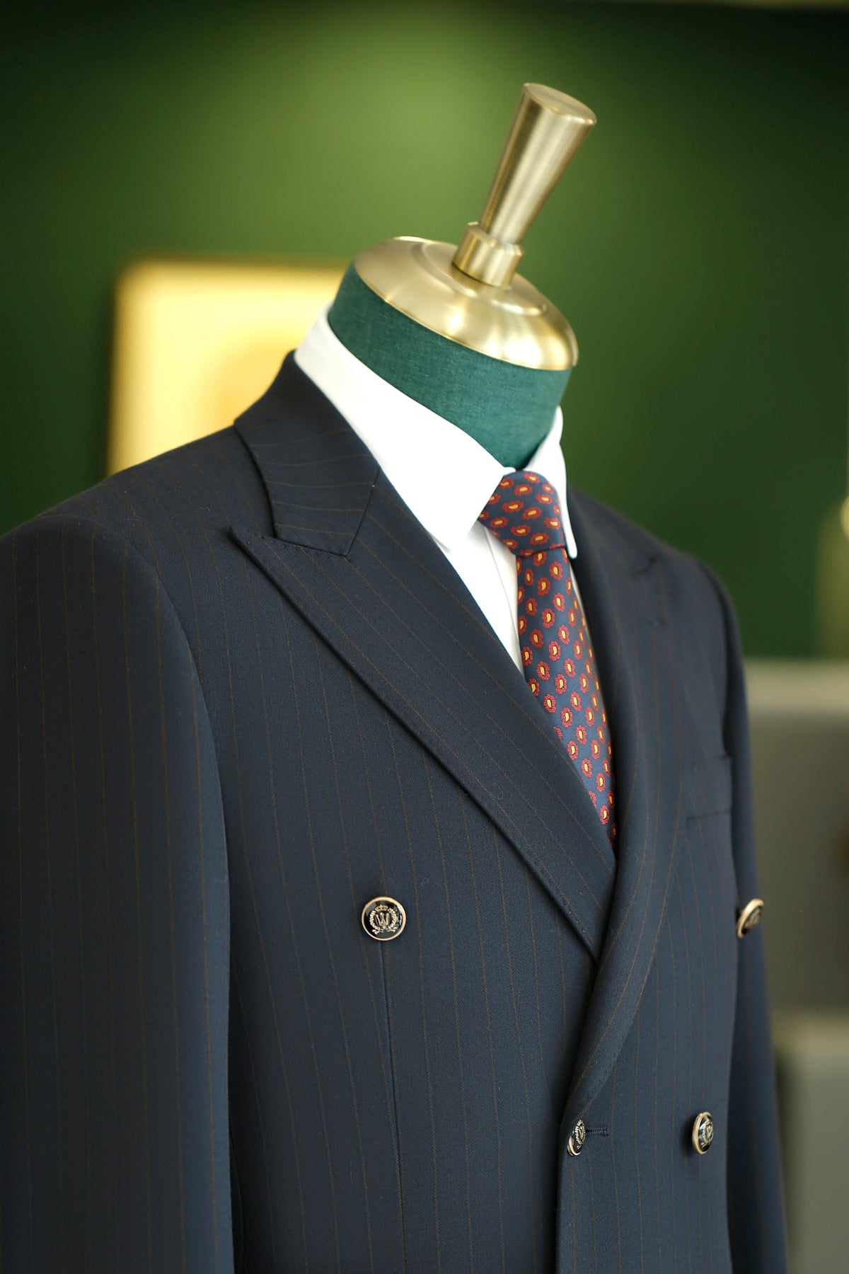 Navy Pinstripe Wool Double Breasted Suit Tailored For Formal Groom And Business
