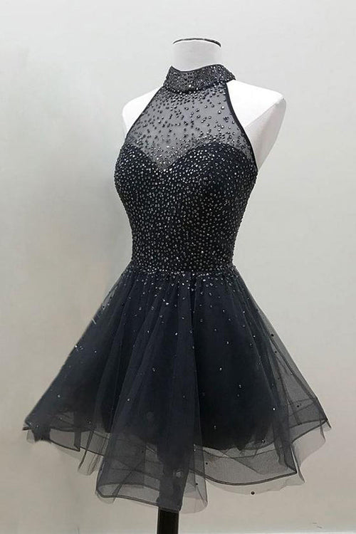 A Line Black Beaded High Neck Organza Sweet Homecoming Dresses