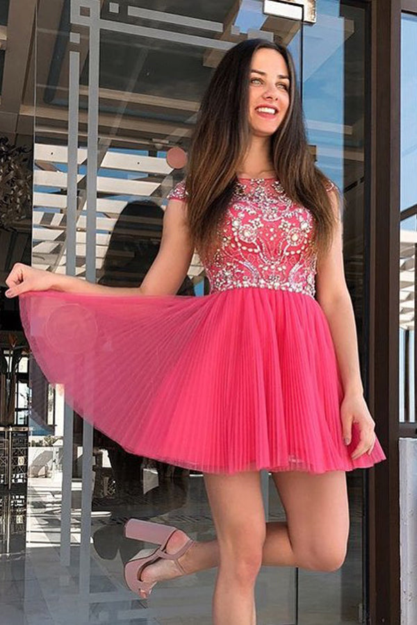 A-Line Crease Dress Straps Beads Short Homecoming Dresses
