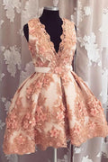 Robe de bal d'accueil courte rose perle en tulle, coupe évasée, col en V