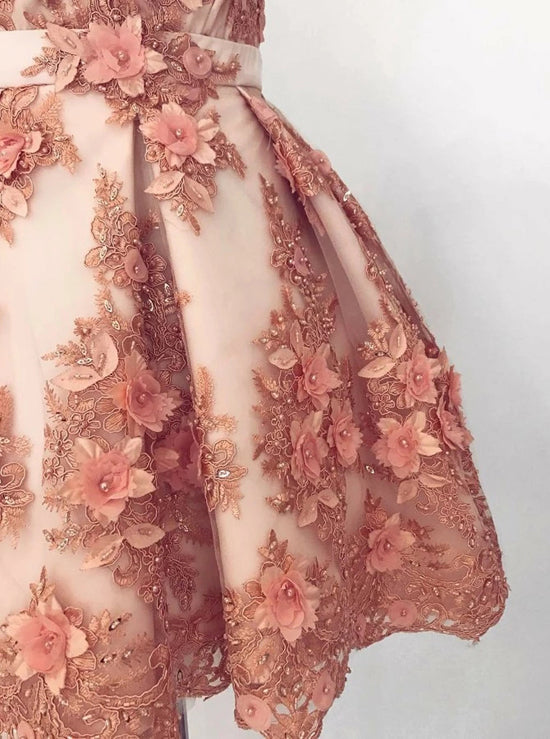 Robe de bal d'accueil courte rose perle en tulle, coupe évasée, col en V