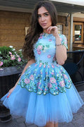 Cute Blue Floral Prints Tulle Short Sleeves A-Line Homecoming Dresses