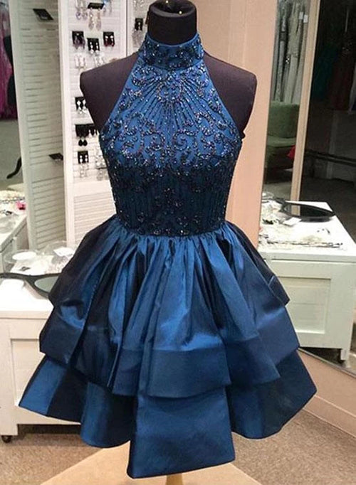 Chic High Neck Rhinstone Short Prom Dress Satin Homecoming Dress
