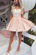 Cute Pink Lace Satin Above Knee Homecoming Dresses